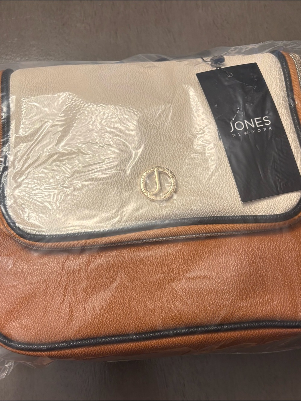 Jones New York Two-Tone Cream and Tan cosmetic Bag
